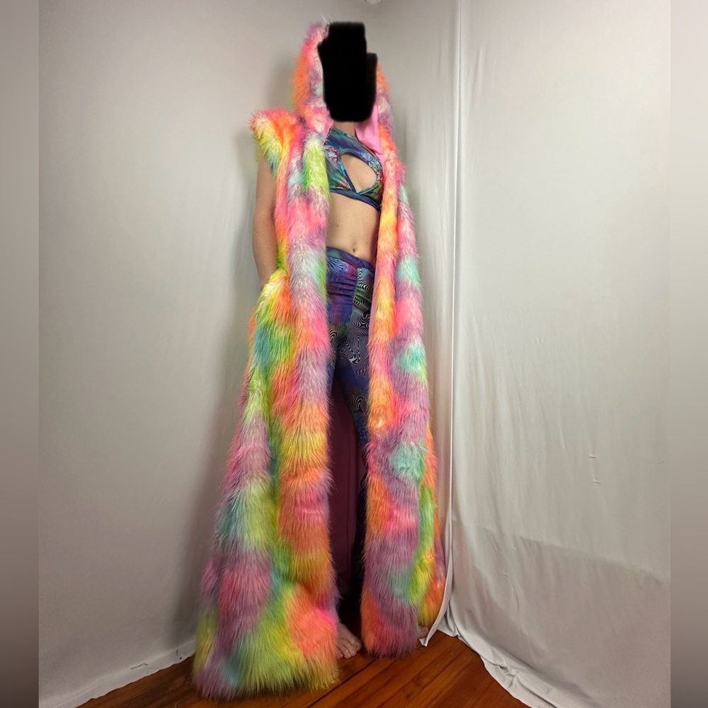 LONG Fur LED Glowing Light Up Coat Burning Man Rave Festival Rainbow Pastel EDC - Picture 7 of 16